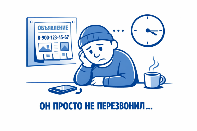 Коухейлыч — ситуация с объявлением без откликов, человек ждёт звонка, минималистичная иллюстрация в синем стиле