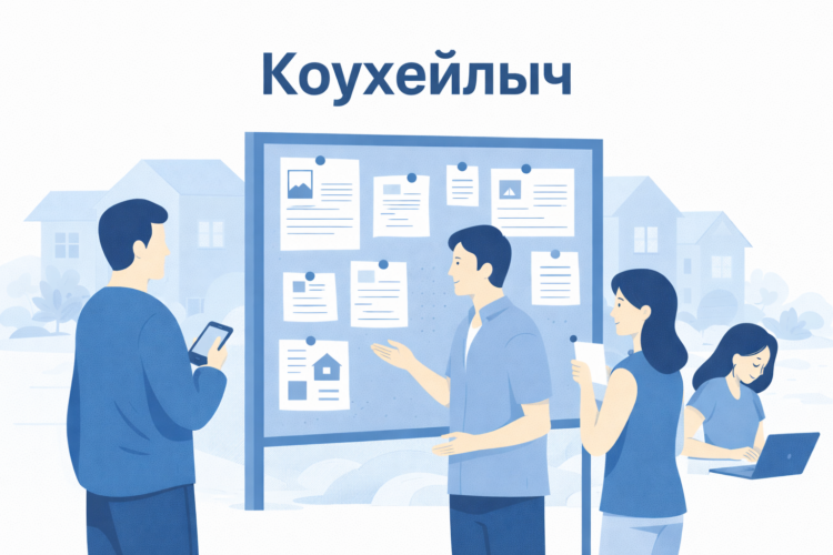 Коухейлыч — минималистичная иллюстрация в синем стиле, локальная доска объявлений и взаимодействие людей